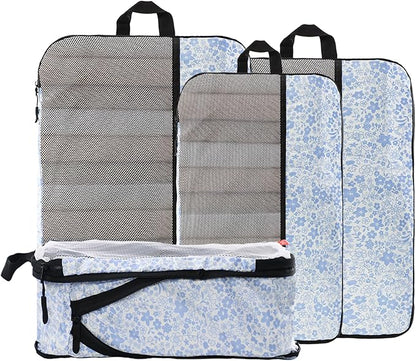 U+U 4 Set Compression Packing Cubes - Ultralight Travel Organizers, Space-Saving Suitcase Organizer, Expandable Packing Cubes for Travel, Business Trip and Family Vacation (Blue Flower)