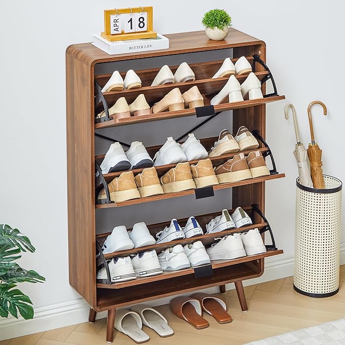 Slim 47" Fluted Shoe Cabinet with 3 Flip Drawers, Curved Hidden Shoe Cabinet Organizer, Narrow Shoes Storage Rack for Entryway (All Walnut-3 Drawers)