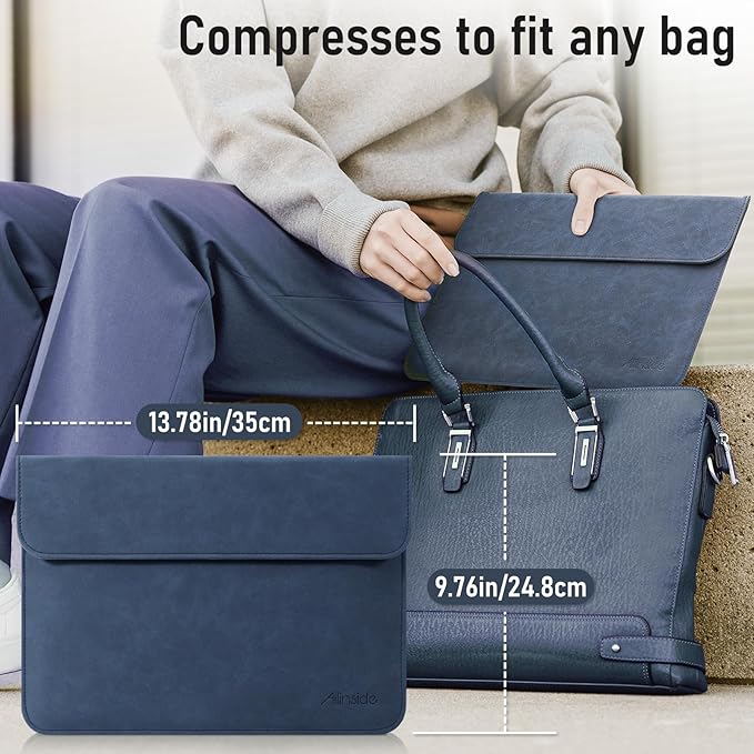 Allinside 13 Inch Laptop Sleeve Case for MacBook Air 13 2018-2025/MacBook Pro 13 2016-2022/Macbook Pro 14 2021-2024, Waterproof Matte PU Leather Horizontal Envelope Protective Case Cover, Navy Blue