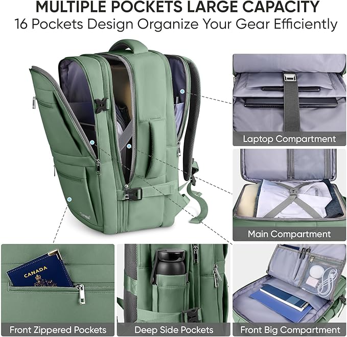 BALEINE Travel Backpack for Women Men, Large Sturdy Carry On Laptop Backpack Gifts for Business, Casual, Weekender, Hiking (XL, Olive Green)