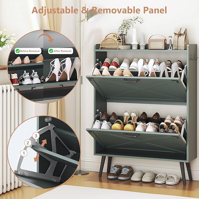 Shoe Storage Cabinet with 2 Flip Drawers, Farmhouse Freestanding Shoe Rack Organizer for Entryway, Narrow Hidden Slim Shoe Cabinet for Foyer,Hallway, Green