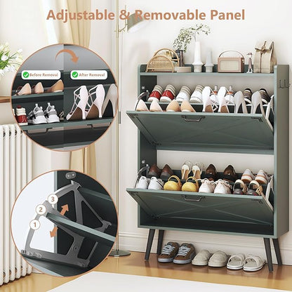 Shoe Storage Cabinet with 2 Flip Drawers, Farmhouse Freestanding Shoe Rack Organizer for Entryway, Narrow Hidden Slim Shoe Cabinet for Foyer,Hallway, Green