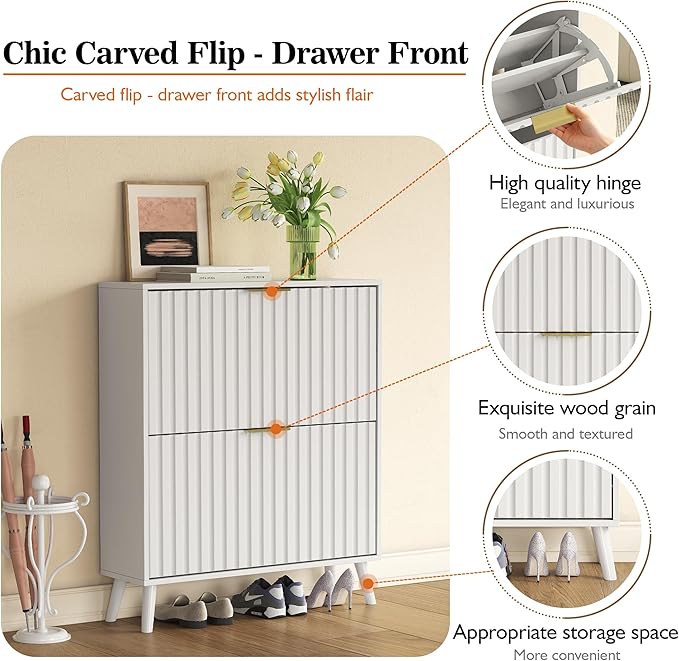 Slim Shoe Cabinet with 2 Flip Drawer Narrow Shoe Cabinet Storage with Adjustable Shelves, Shoe Organizer for Entryway Hallway Bedroom Living Room (White)