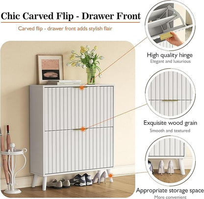 Slim Shoe Cabinet with 2 Flip Drawer Narrow Shoe Cabinet Storage with Adjustable Shelves, Shoe Organizer for Entryway Hallway Bedroom Living Room (White)