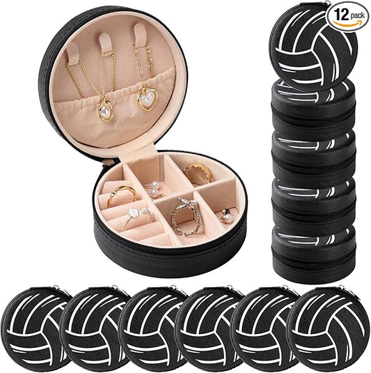 12 Pack Black Volleyball Mini Travel Jewelry Case Portable Round Volleyball Stuff Jewelry Organizer Storage Case for Christmas Sports Team Club Birthday Goodie Favors Gifts