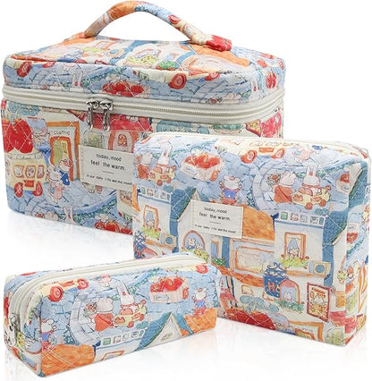 3pc Makeup Bag Set, Quilted Makeup Bag Set, Large Floral Cosmetic Bag for Women, Cute Cotton Makeup Bags, Flower Travel Toiletry Organizer Bag (Rabbit Print)