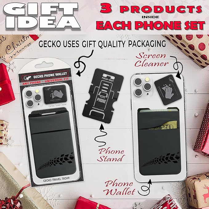 Gecko Travel Tech Double Pocket - Adhesive Card Holder - Cell Phone Pouch - Stick on Spandex Pocket - Carry Credit Cards and Cash (Gray - TIRE)