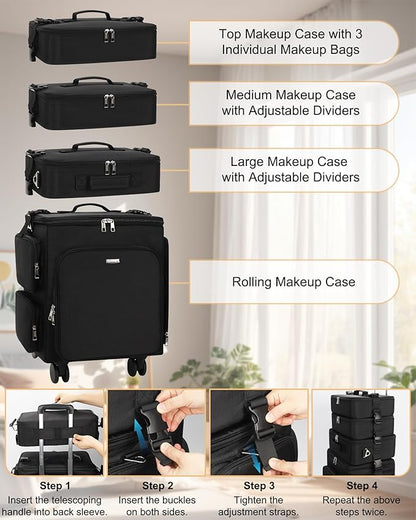Relavel Rolling Makeup Case, 4 in 1 Hairstylist Traveling Bag with Clear Makeup Brush Case, Cosmetology Case on Wheels Large Hair Tools Cosmetics Train Case Makeup Artist Storage Organizer Trolley