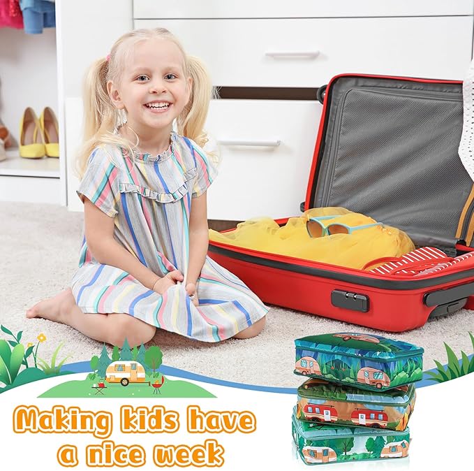 Paterr 7 Pcs Days of Week Packing Cubes Compression Packing Cubes for Kids Winter Camp Travel Daily Outfit Suitcase Organizers Zippered Storage Bag for Cruise Vacation Essentials(Camping)