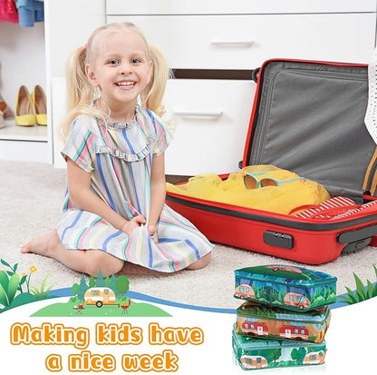 Paterr 7 Pcs Days of Week Packing Cubes Compression Packing Cubes for Kids Winter Camp Travel Daily Outfit Suitcase Organizers Zippered Storage Bag for Cruise Vacation Essentials(Camping)