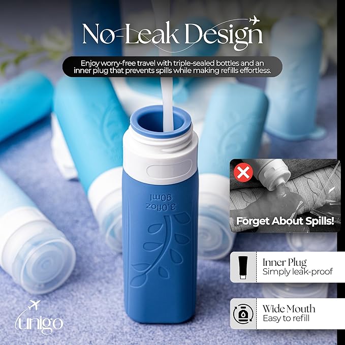 unigo Travel Bottles For Toiletries, 3.oz TSA Approved Containers, Travel Size Toiletries, Shampoo and Conditioner Bottles, Leak Proof and Refillable Bottles, BPA Free, Extra Bottle Covers (Blue)