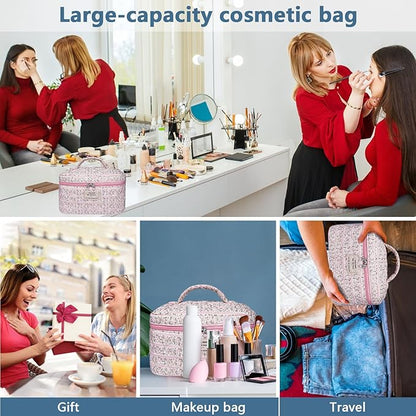 Large Makeup Bag, Cute Cosmetic Bag for Women Girls, Floral Coquette Aesthetic Toiletry Bag, Travel Make Up Organizer Bag(Small Pink Floral