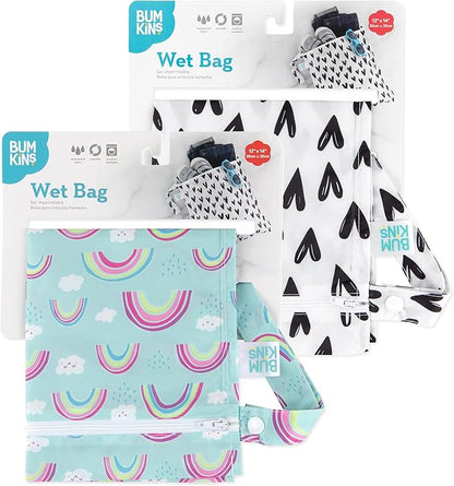Bumkins - Waterproof Wet Bag - For Baby, Travel, Swim Suit, Cloth Diapers, Pump Parts, Pool, Gym, Toiletry, Strap to Stroller - Reusable & Easy to Clean - 2pk - Hearts & Rainbows