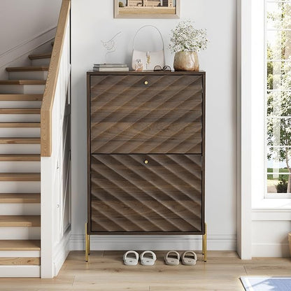 Spaco Walnut Shoe Cabinet for Entryway,Narrow Shoe Storage Cabinet with 2 Flip Drawers,Slim Shoe Rack Organizer for Hallway