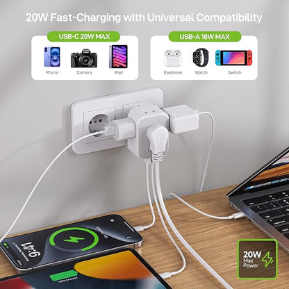 EPICKA Hybrid Travel Plug Adapter, 2 Packs Foldable & Detachable Type EF VisaPlug, 8-in-1 International Power Adapter with 4 USB Ports (2 USB-C PD 20W), Travel Essentials for US to German France