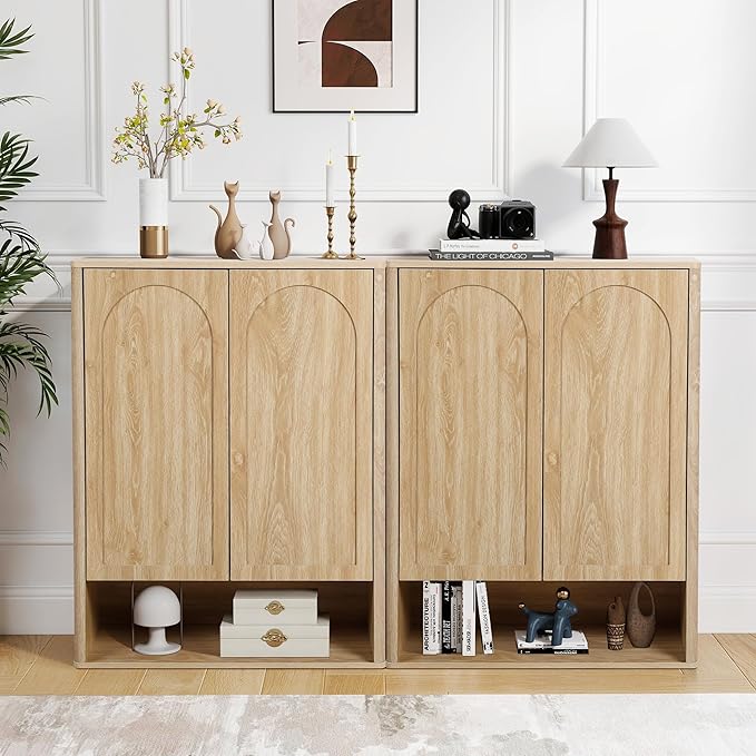 Tall and Large Shoe Storage Cabinet Set of 2 with Doors and Adjustable Shelves, 5-Tier Modern Shoe Rack Cabinet Storage for Entryway, Entrance, Hallway, Foyer/Kitchen Sideboard - Natural