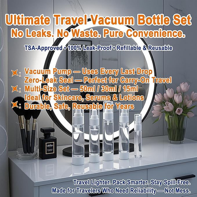11 Pack Travel Airless Pump Bottle Set, Refillable Leakproof Toiletry Containers with Vacuum Bottles, Cream Jars, Funnel, Dropper, Label Stickers and Waterproof Zipper Bag, TSA Approved