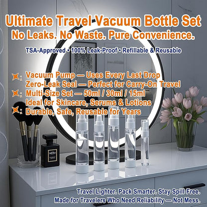 11 Pack Travel Airless Pump Bottle Set, Refillable Leakproof Toiletry Containers with Vacuum Bottles, Cream Jars, Funnel, Dropper, Label Stickers and Waterproof Zipper Bag, TSA Approved