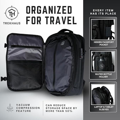 Vacuum Compression Travel Backpack Carry-On Flight Approved | 36–59L Expandable Personal-Item Size Bag with Built-in Vacuum Valve, TSA Lock, Laptop Sleeve, Waterproof Shell | Fits Under Airline Seats