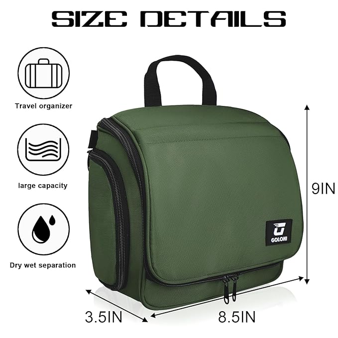 Goloni Hanging Toiletry Bag with Hook, Large Makeup Bag Travel Organizer, Water-Resistant Hanging Cosmetic Bag with 10 Compartments for Women & Men,Green