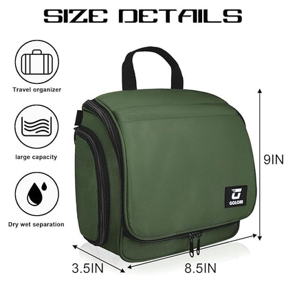Goloni Hanging Toiletry Bag with Hook, Large Makeup Bag Travel Organizer, Water-Resistant Hanging Cosmetic Bag with 10 Compartments for Women & Men,Green