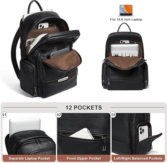 Leather Backpack for Women, Fits 15.6 Inch Laptop, Soft Vegan Leather Backpack for Travel and Daily Use, Black
