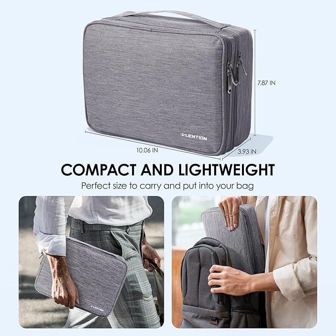 LENTION Waterproof Electronics Organizer Bag, Travel Storage Case with DIY Dividers for Cords, Charger, Power Bank, Earphones – Compact, Durable, Shockproof & Lightweight (Grey)