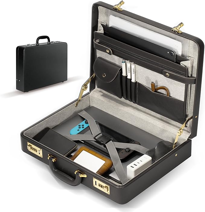 Briefcases for Men, Professional Leather Briefcase with Lock, Hard Shell Business Brief Case, Durable Executive Attache Case for Laptop Documents, Mens Hard Briefcase for Work Office Travel