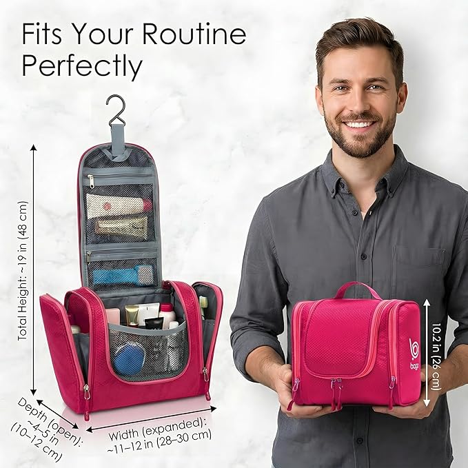 Bago Travel Toiletry Bag for Women and Men - Large Waterproof Hanging Large Toiletry Bag for Bathroom and Travelling Bag for Toiletries Organizer - Travel Makeup Bag (Pink)