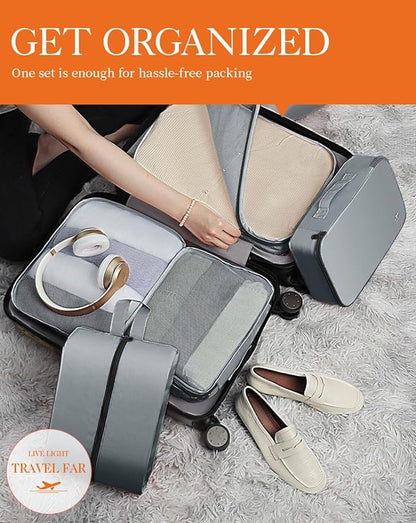 HOTOR Packing Cubes for Suitcases - 6 Pieces, Light Packing Cubes for Travel, Premium Suitcase Organizer Bags Set, Space-Saving Luggage Organizers, Travel Accessories and Essentials, Grey
