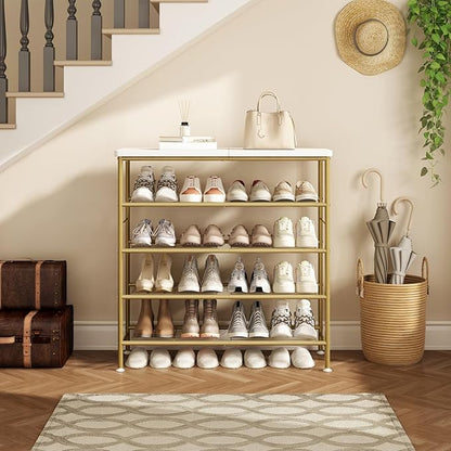 SUOERNUO Shoe Rack Organizer 5 Tier for Closet Entryway Free Standing Metal Storage Shoe Shelf with MDF Top Board，Gold