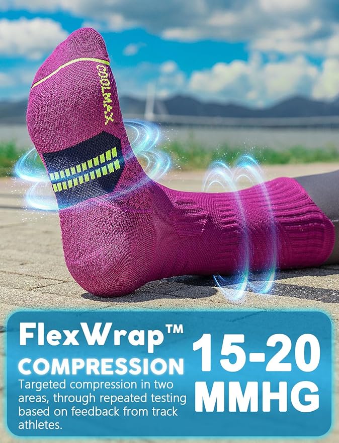 Womens Coolmax Bamboo Viscose Compression Running Crew Socks, Moisture-Wicking Anti-Blister Hiking&Gym Athletic