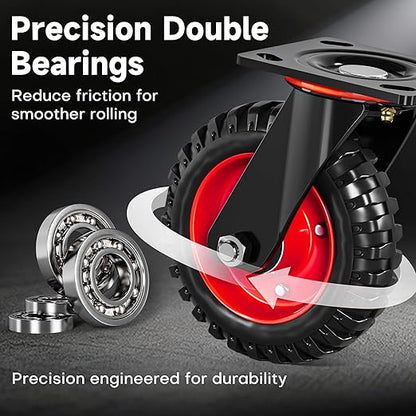 6 Inch Caster Wheels Set of 4 (2 Swivel & 2 Fixed), Heavy Duty Rubber Casters with Knobby Tread for All-Terrain Use, 1320 lb Capacity, Smooth Rolling Wheels for Workbench, Cart, Dolly, Chicken Coop