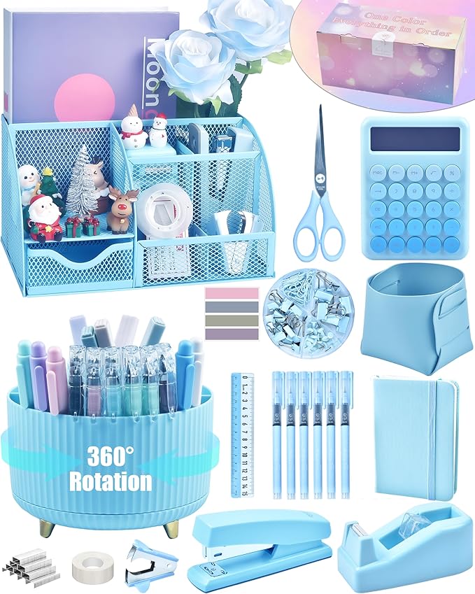 Blue Desk Organizers and Accessories With Mesh Desk Organizer and 360°Rotating Pen Holder and a Lot of Office Blue Office Supplies Beautifully Presented in a Gift Box Christmas Gifts