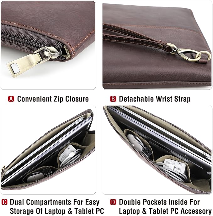 Top Grain Leather 14.2" Slim Laptop 90° Zipper Bag, Removable Wristlet & 4 Pockets, Compatible with 2024 MacBook Pro 14.2" M1 M2 M3 M4 Pro/Max A2442 & Other Laptop, Red Coffee 14.2 Inch