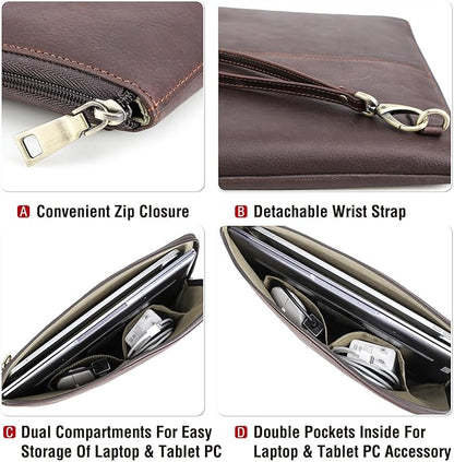 Top Grain Leather 14.2" Slim Laptop 90° Zipper Bag, Removable Wristlet & 4 Pockets, Compatible with 2024 MacBook Pro 14.2" M1 M2 M3 M4 Pro/Max A2442 & Other Laptop, Red Coffee 14.2 Inch