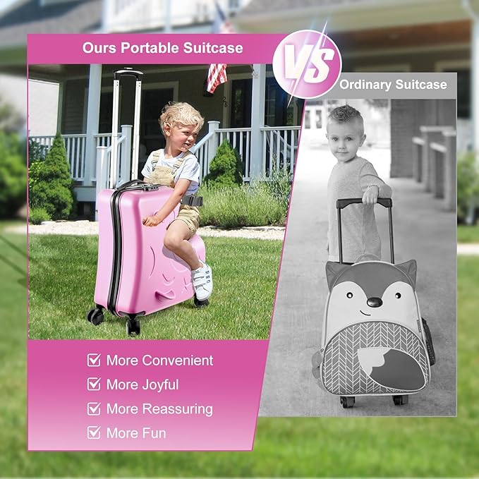 20 Inch Ride On Kids Suitcase with Wheels, Ride on Luggage with Pedal, Hardshell Kids Suitcase Adjustable Safe Harness, ABS+PC, Up To 100 Lbs, Pink