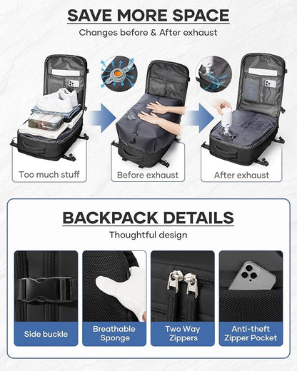 Vacuum Backpack Travel With Pump,Mochila De Viaje Compresion Al Vacio,Personal Item Travel Backpack With Vacuum System,Large Carry On Vacpack Backpacks For Women Men,Black