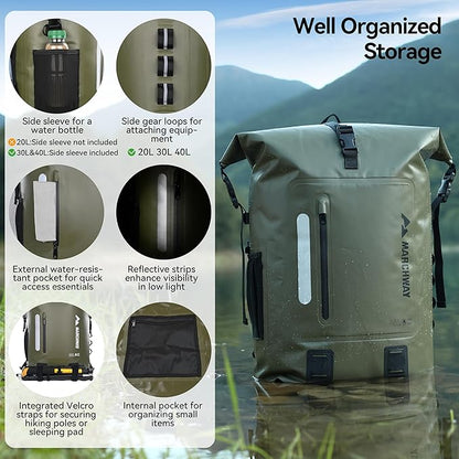 MARCHWAY Roll Top Waterproof Backpack, Floating Dry Bag 20L/30L/45L with Ergonomic Rectangular Base, Cushioned Back, Hip Strap for Hiking Camping Kayaking Travel (Army Green, 45L)