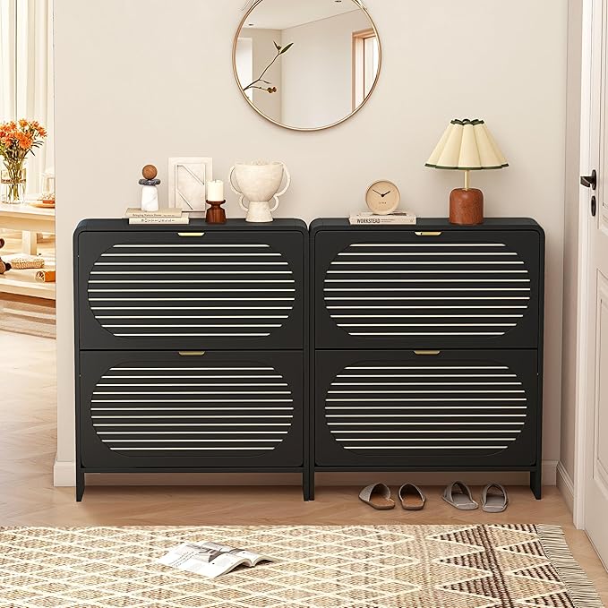 Modern Slim Shoe Storage Cabinet with 2 Flip Drawer Arched Fluted Pattern, Mid-Century Hidden Narrow Curved Corner Shoe Organizer for Entryway,Living Room (Black,with Divider)