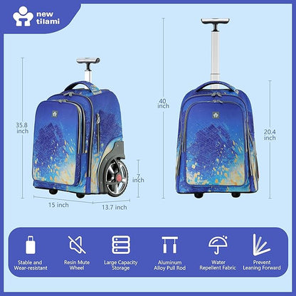 NEW TILAMI 20" Rolling Backpack for Teens Adults, Climbing Stairs Waterproof Backpack with Wheels for School Business Trave Camping with Laptop Compartment, Fit 17 Inch Laptop, Chill Blue Print
