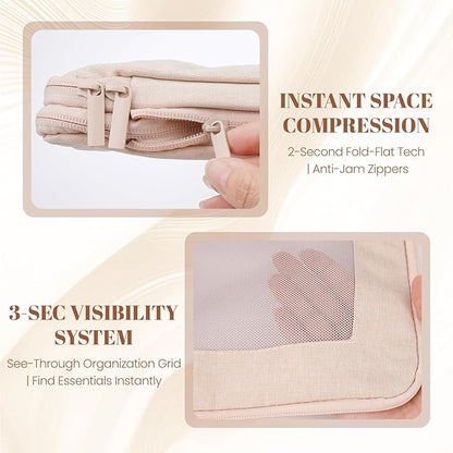 4-Set Compression Packing Cubes for Travel, Recycled Cotton Luggage Organizers, Space-Saving Suitcase Organizers, with Mesh, Travel Essentials(Beige)