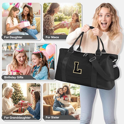 Dance Gym Duffel Bag for Teen Girls, Personalized Initial Travel Weekender Bag,Cute Overnight Carry On Duffle for Women,Sports Travel Cheer Bag,Monogram Christmas Gifts for Tween Preppy(black-L)