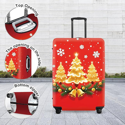 Golden Christmas Trees Luggage Cover - Sparkling Trees with Bells and Holly on Red Background, Elegant Holiday Design Stretchable Suitcase Protector for 28 30 Inch Travel Bags