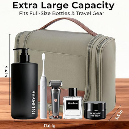 Large Hanging Toiletry Bag for Men, Travel Bathroom Bag with Hook, Hygiene Bag Organizer for Shower, Shaving & Grooming Essentials, Green
