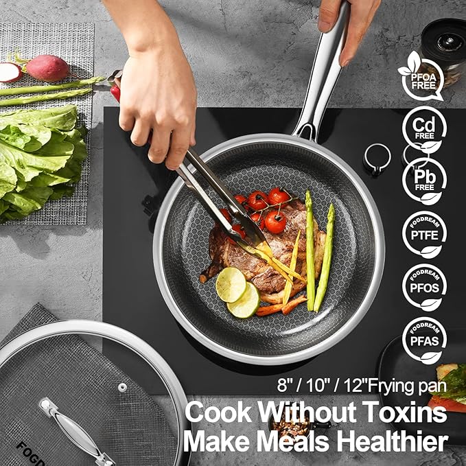 Fogdream 8"10"12" Non Stick Frying Pans, Stainless Steel Skillet with Lid, Tri-Ply Stainless Steel for All Cooktops, Dishwasher and Oven-Safe Cooking Pan, Stay-Cool Handle, Silver
