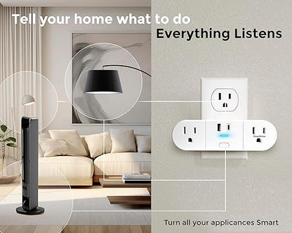 Emerson SmartVoice 4-in-1 Wall Plug, Offline 30+ Voice Control Commands, No APP, No WiFi, No Setup, Smart Outlet w/ 2 AC Outlets, USB-A & USB-C Ports, Sleep & Wake Timer, ETL