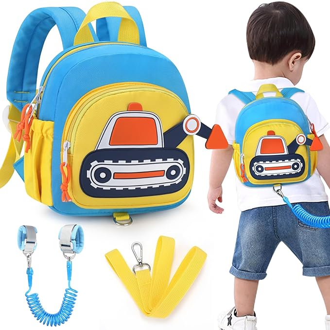 Accmor Toddler Leash Backpack, Cute Excavator Backpacks with Anti Lost Wrist Link, Kid Walking Harness Back Pack Travel Essential Mini Rucksack Bag with Restraints Hand Strap Tether for Baby Boys