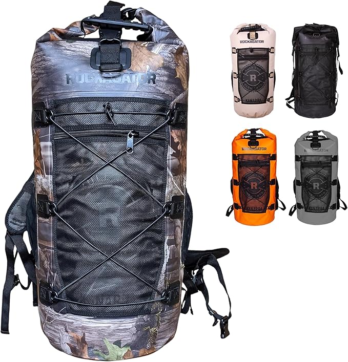 Rockagator Kanarra 90L Waterproof Backpack for Camping, Hiking, Mountaineering, Backpacking, Hunting, Fishing, Canoeing, Outdoor Activities, The Wet Outdoors - Large Capacity, Roll Top Closure, Camo