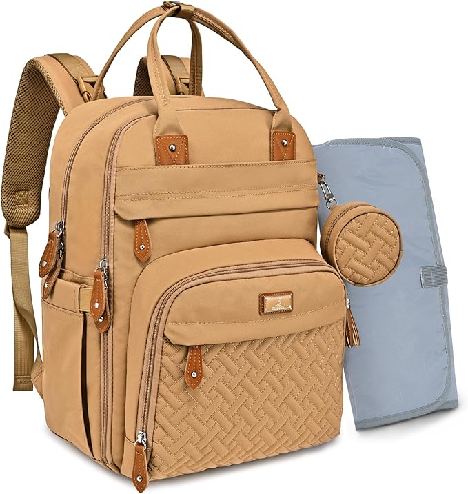 BabbleRoo Diaper Bag Backpack - Baby Essentials Travel Tote - Multi function Water Resistant Diaper Bag, Travel Essentials Baby Bag with Changing Pad, Stroller Straps & Pacifier Case - Unisex, Beige